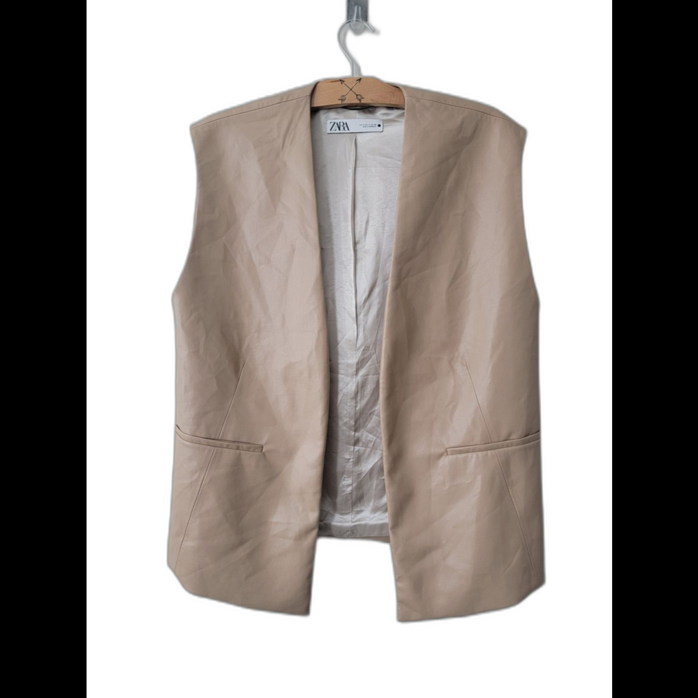 Zara Light Beige Faux Leather Sleeveless Blazer Vest